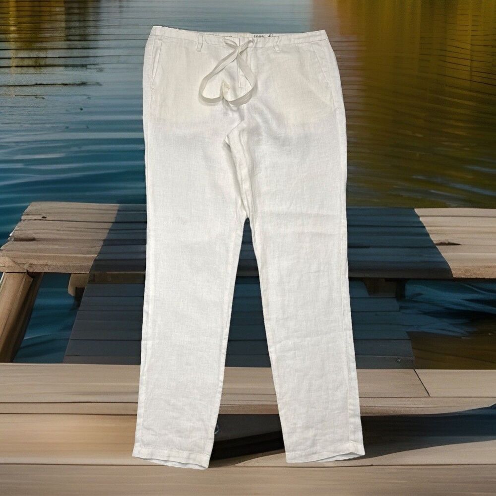 G1 Basic Goods Linen Pants 8 (33x29) White Board Walker Slim Straight Womens NEW